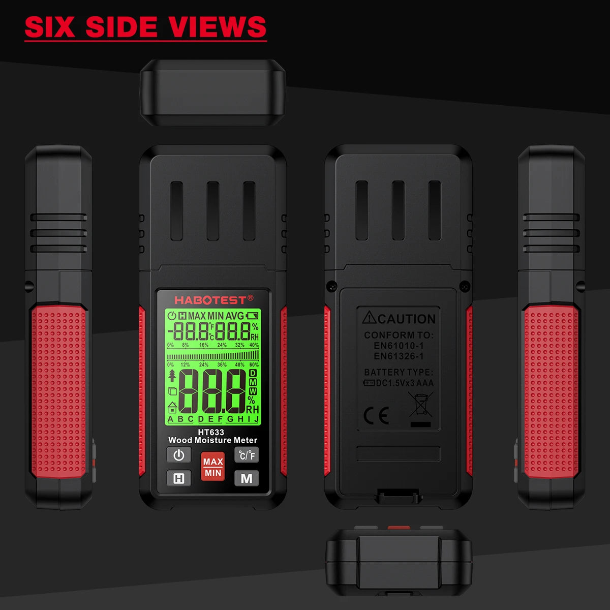 Six side views of a digital wood moisture meter device in black and red.