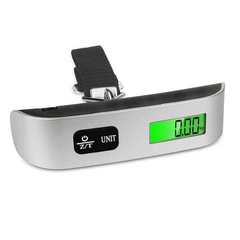 A silver digital hanging luggage scale with a black strap and a green display showing 0.00 kg.