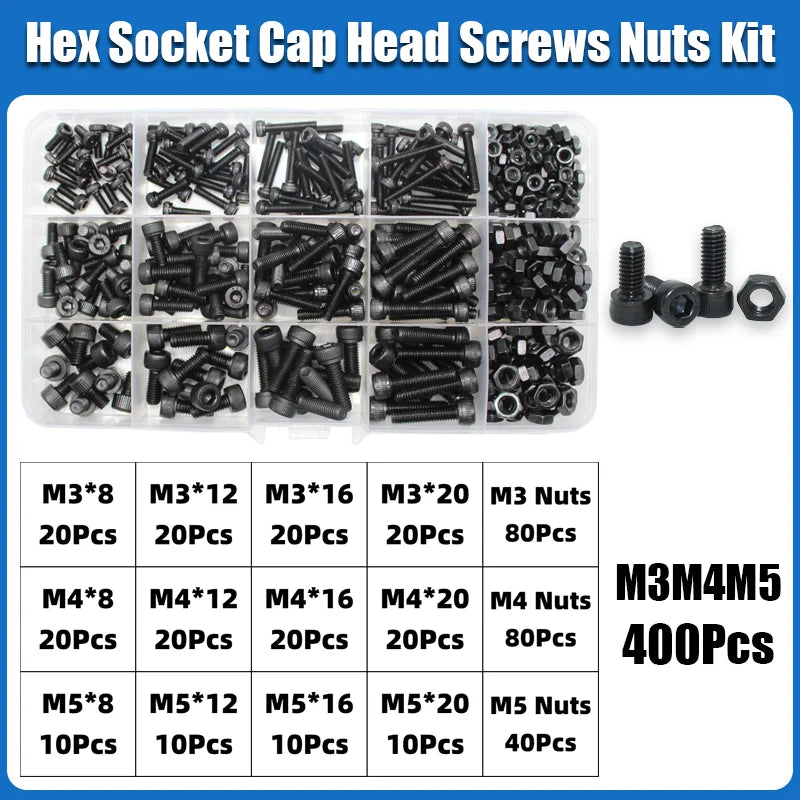 A kit of various M3, M4, and M5 hex socket head screws and nuts in assorted sizes and quantities.