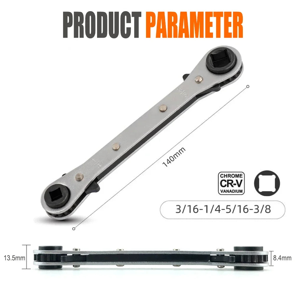 A silver 4-in-1 multi-size refrigeration ratchet wrench and a separate bar tool are shown with dimension lines.