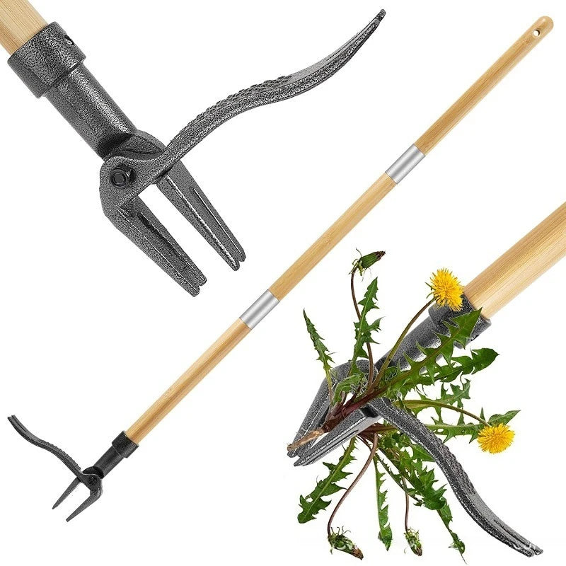 A close-up view of an adjustable vertical weed puller tool with a wooden handle and metal prongs.