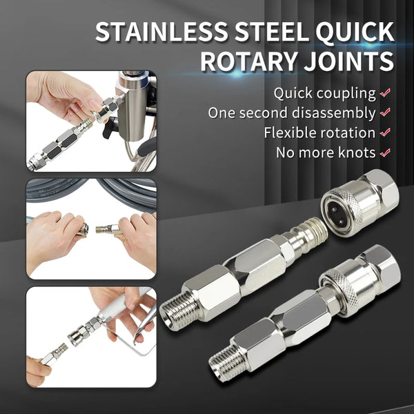 Stainless steel quick rotary joints for coupling and disconnecting airless hoses