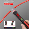 A hand holds a red and black break point finder device, demonstrating its use to find electrical breakpoints on a red wire.