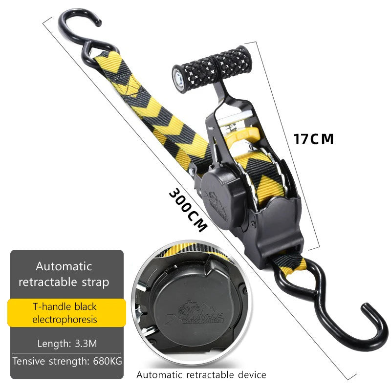 Black automatic retractable strap with yellow and black checkered pattern for electrophoresis.