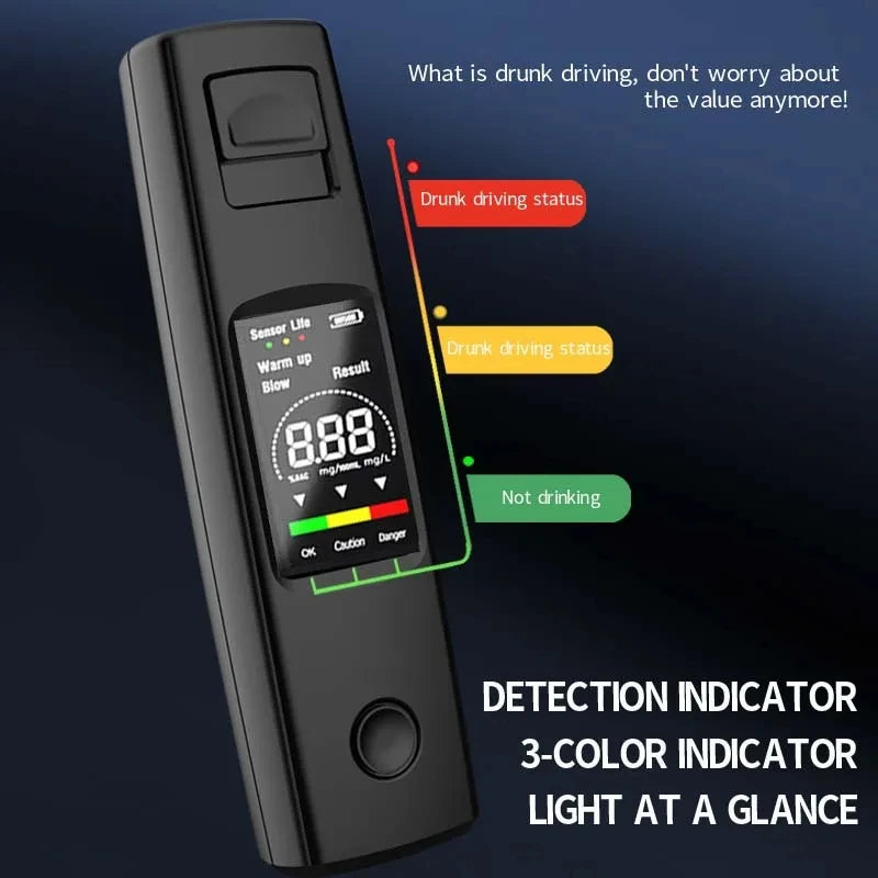 Testeur portable numérique d'alcool noir affichant 8.88 et un voyant vert.