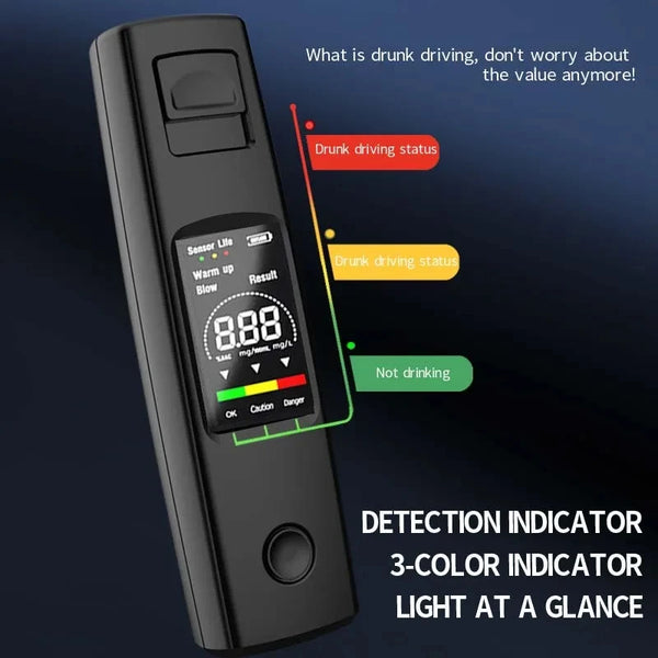 A black portable digital breath alcohol tester device showing a result of 8.88 and a green indicator light.