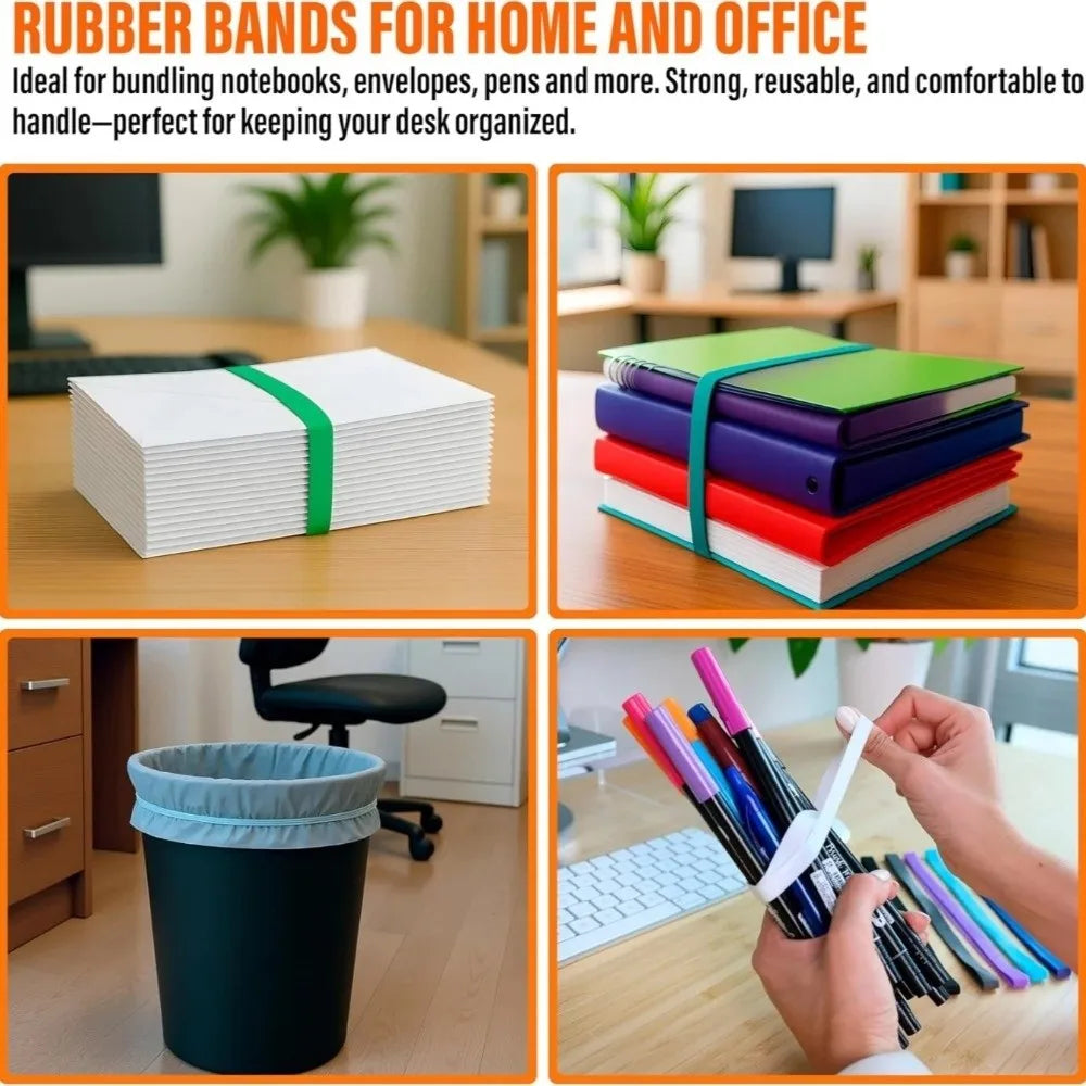 A set of reusable silicone elastic rubber bands in various colors and sizes shown next to a keyboard.