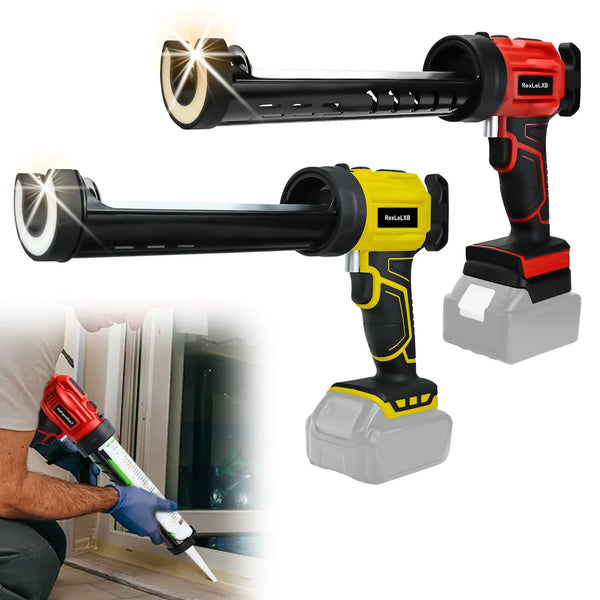 A black and red cordless electric caulking gun is shown with its handle, battery base, and a nozzle tip.