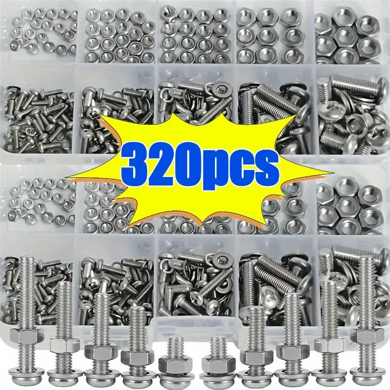 A collection of metric hex nuts and bolts in various sizes packaged in clear plastic compartments.