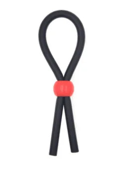 Black silicone erection enhancer ring with a red accent.