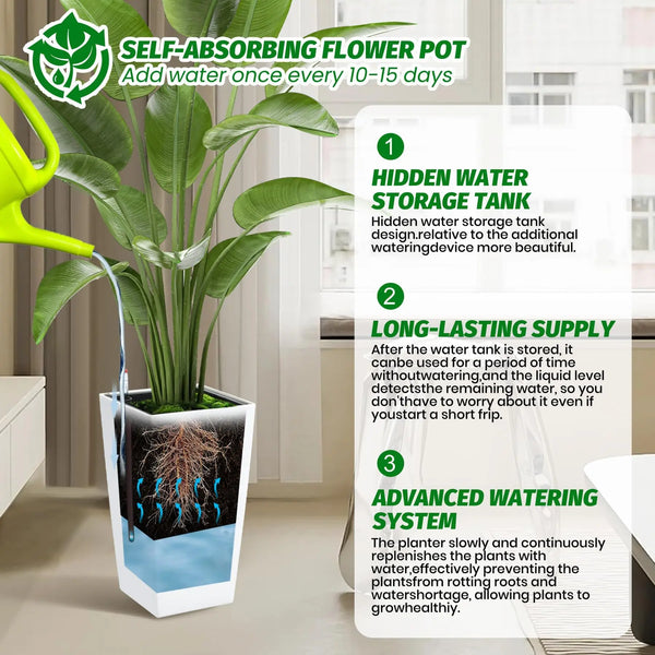 Selbstabsorbierender Blumentopf mit verstecktem Wassertank und langanhaltender Versorgung für Zimmerpflanzen.