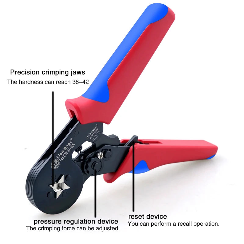 A red and blue precision crimping jaws tool with a black body, showing the pressure regulation device and reset device.