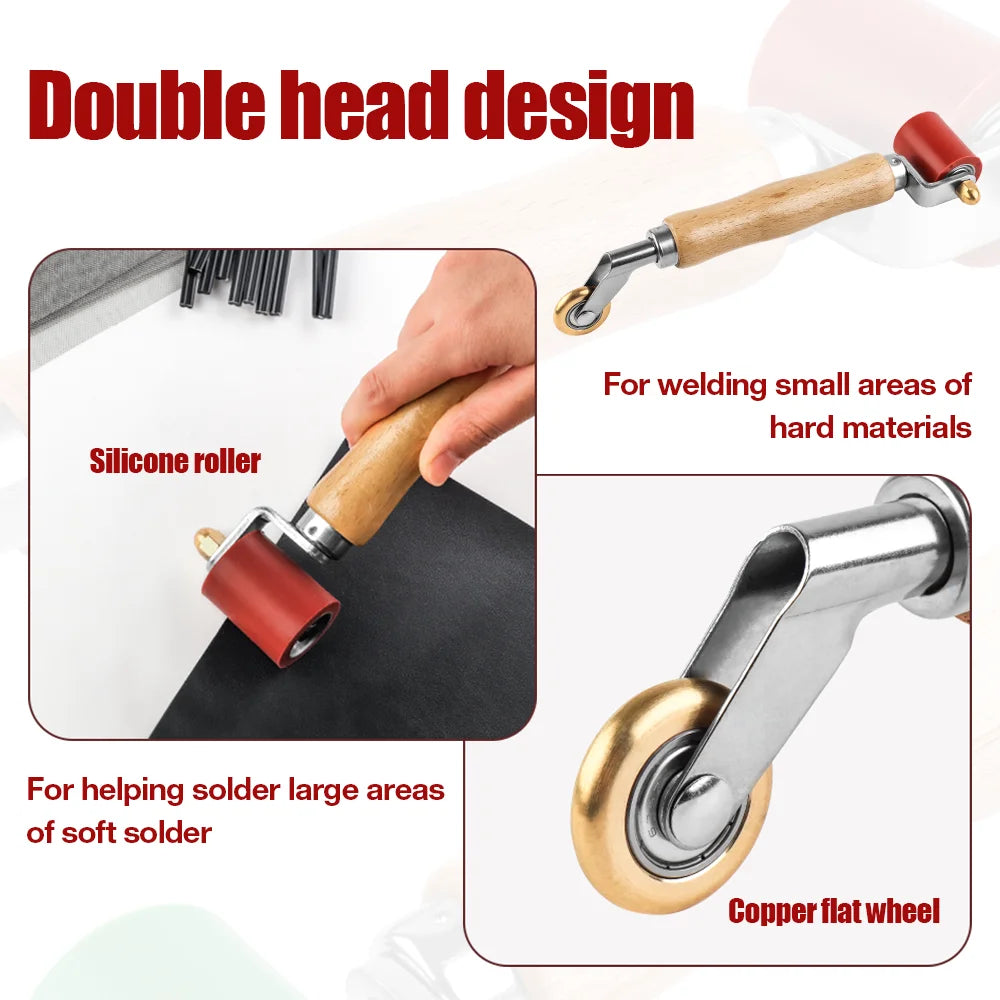 A double-headed silicone roller tool with a wooden handle and a copper flat wheel for welding various materials.