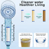 A shower head replacement filter set showing a mechanism for cleaner water, comparing sediment impurities in shower water.