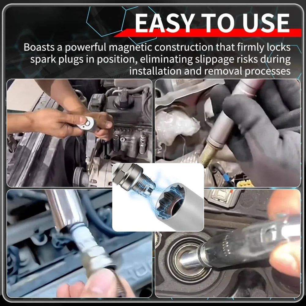 A set of magnetic spark plug sockets and tools used for easy installation and removal.
