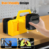 A hand is inserting a battery into a yellow and black portable storage organizer for easy installation.