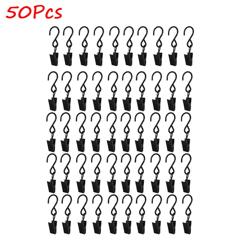 A set of 50 stainless steel curtain clips for photo decor, featuring black metal hooks.