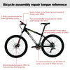 Diagram showing recommended torque values for bicycle assembly repairs including brake, center shaft, seat setting, crank, an