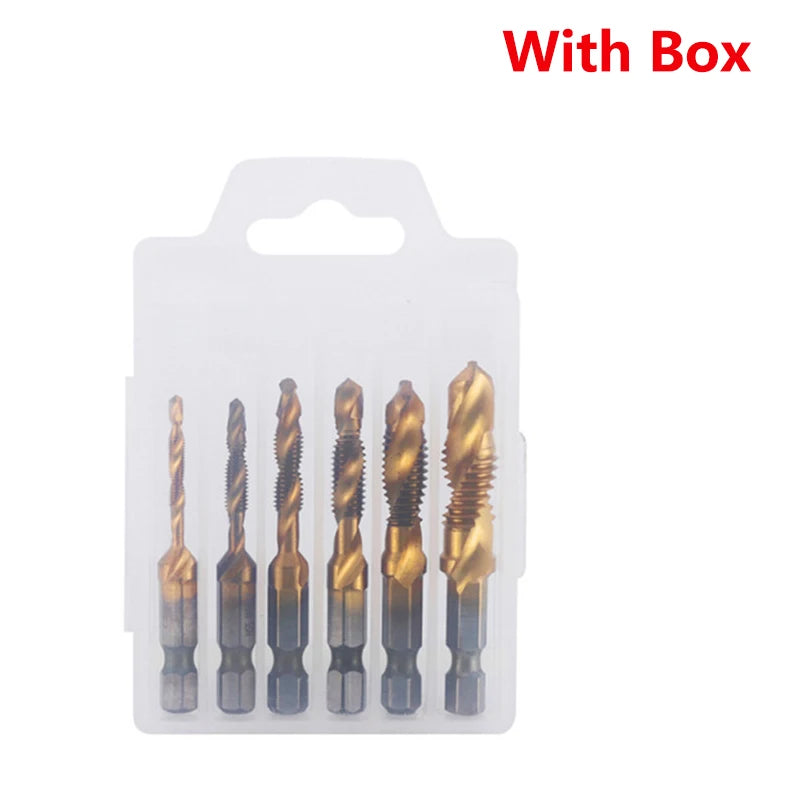 A set of six titanium coated hex shank tap and drill bits packaged in a clear plastic box.