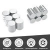 A collection of silver refrigerator magnets showing various applications and features like strong force and anticorrosion.
