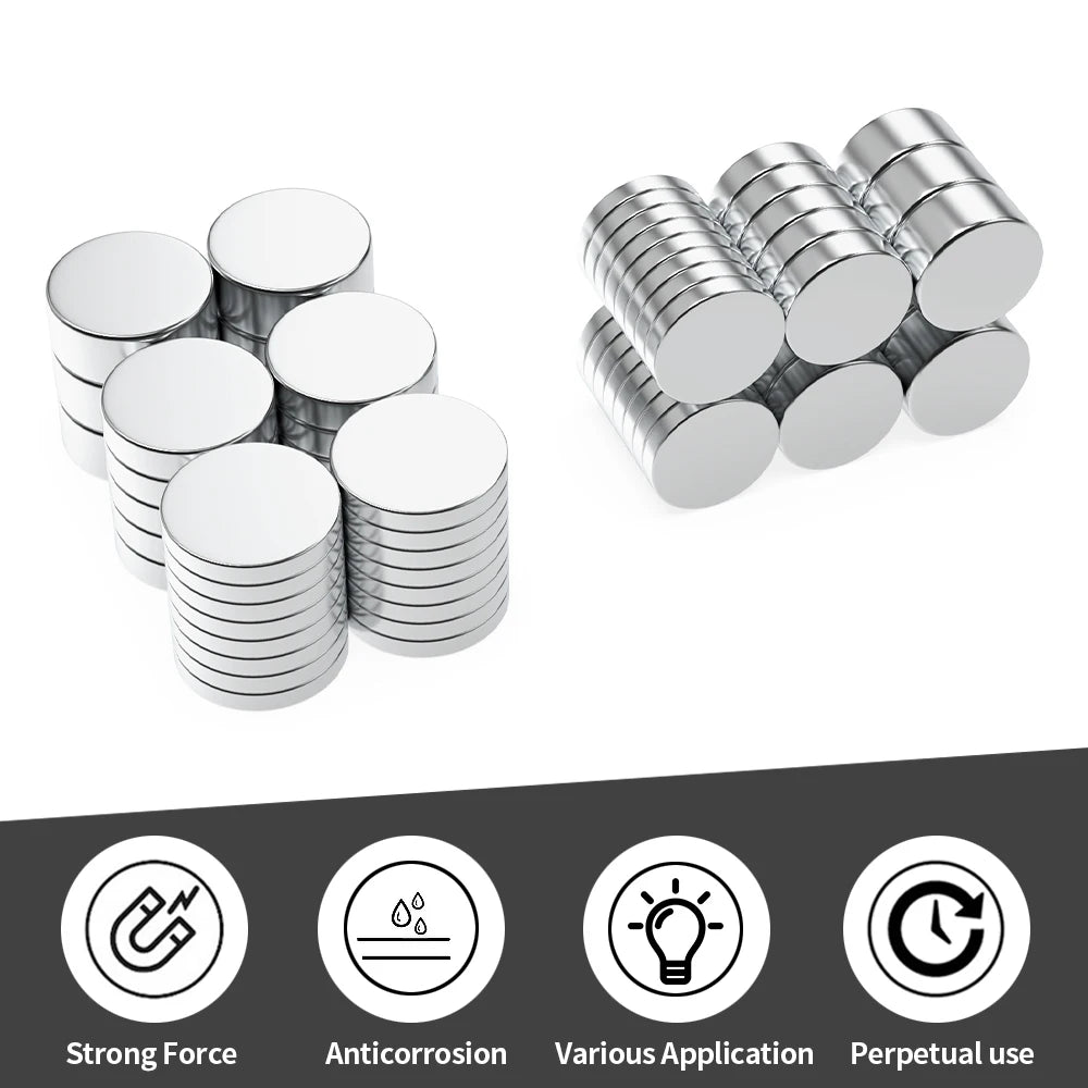 A collection of silver refrigerator magnets showing various applications and features like strong force and anticorrosion.