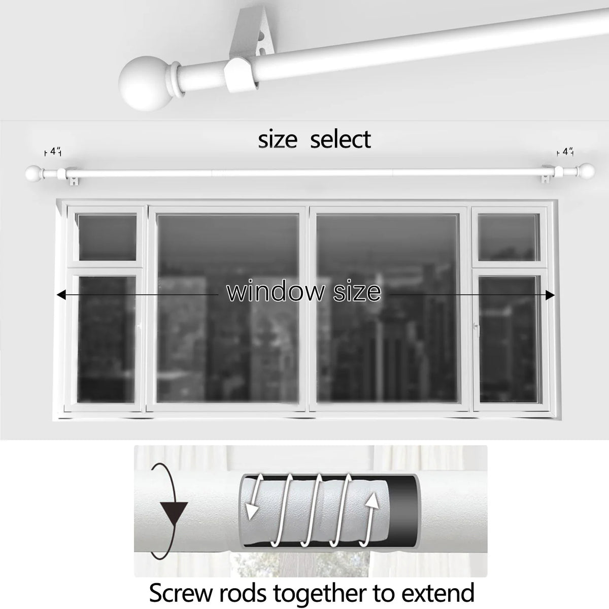 A set of iron spliced curtain rods showing how to screw the rods together to extend