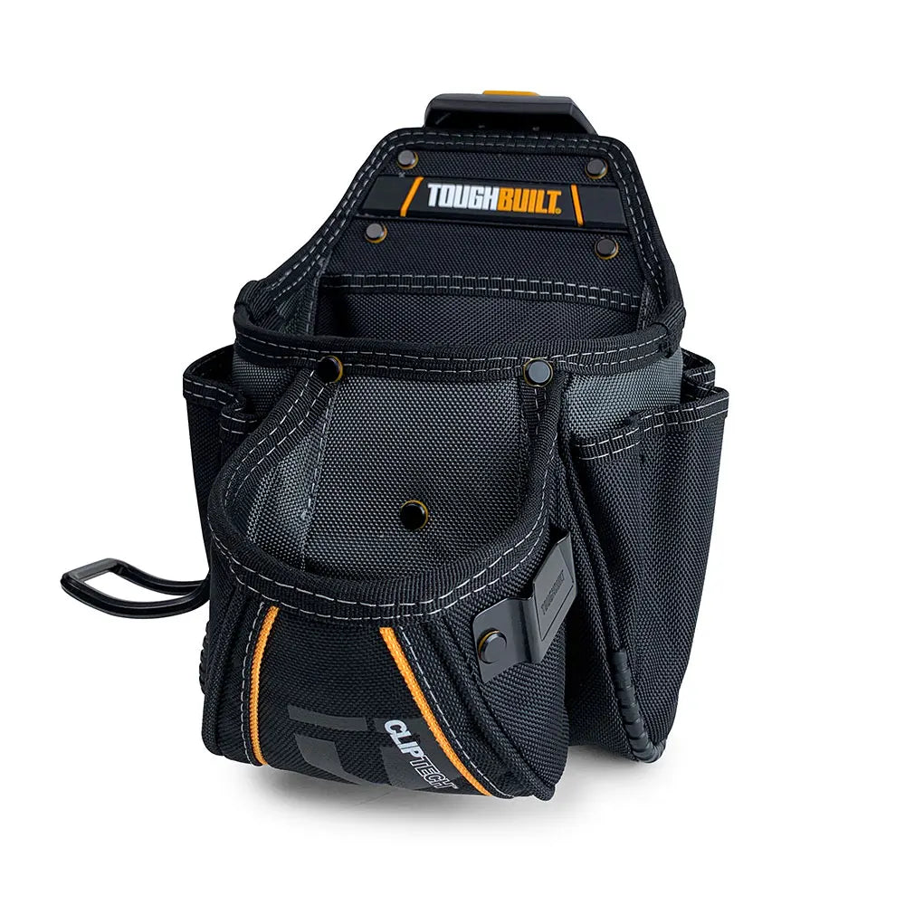 Black heavy-duty construction tool pouch featuring a rugged clip and ToughBuilt branding.