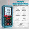 A teal digital laser distance meter displaying a measurement of 35.9999 meters with various measurement modes shown.