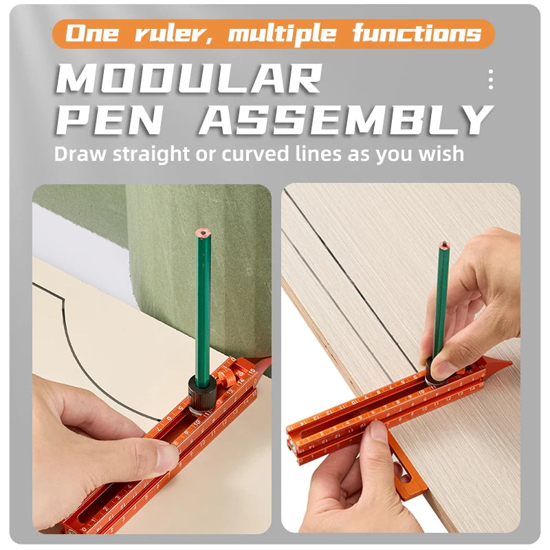 Modular pen assembly ruler used to draw straight or curved lines on a surface.