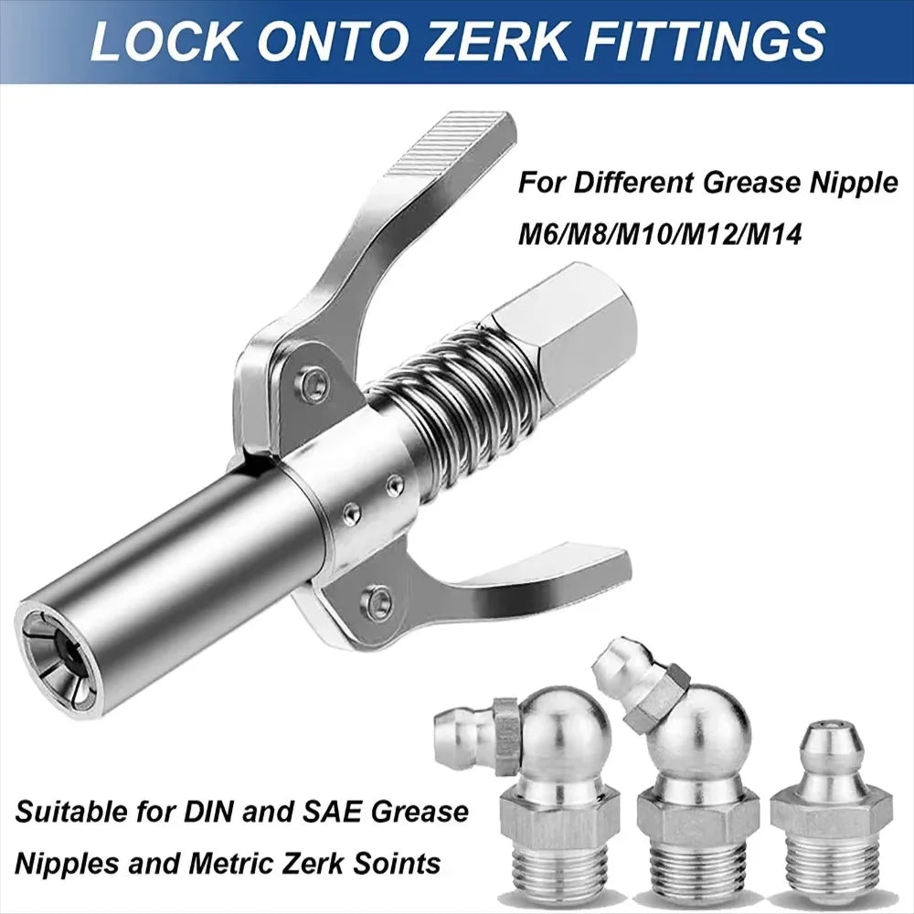 A silver tool designed to lock onto Zerk fittings for grease nipples and metric joints.