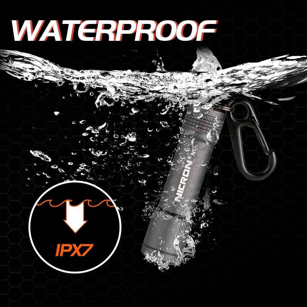 A waterproof flashlight is shown being splashed by water, with an IPX7 rating visible.
