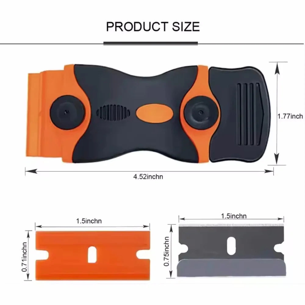 Orange and black dual-sided auto glass scraper tool shown with dimensions.