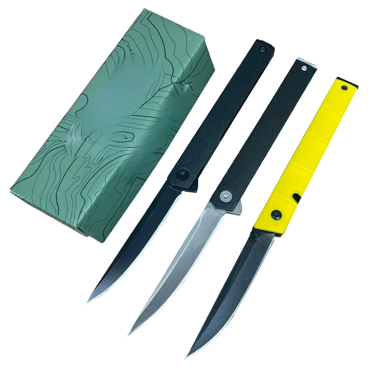 A foldable utility knife with a green sheath and a yellow handle is shown diagonally.