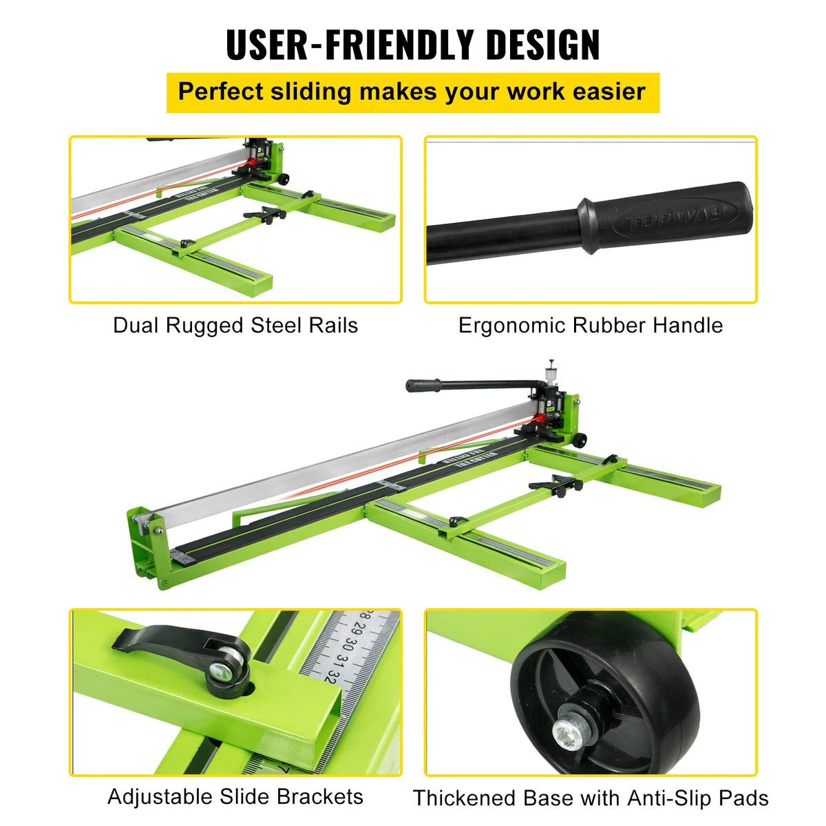 Manual tile cutter featuring dual rugged steel rails, an ergonomic rubber handle, adjustable slide brackets, and a thickened 