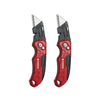 A pair of red and black retractable utility knives with silver blades shown side by side.