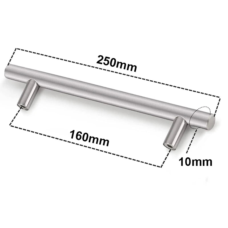 Stainless steel T-bar cabinet handles with dimensions 250mm, 160mm, and 10mm.