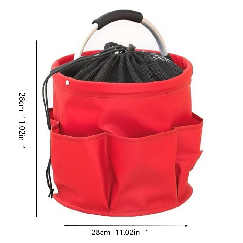 A bright red large folding storage organizer basket with a black lid and multiple compartments.