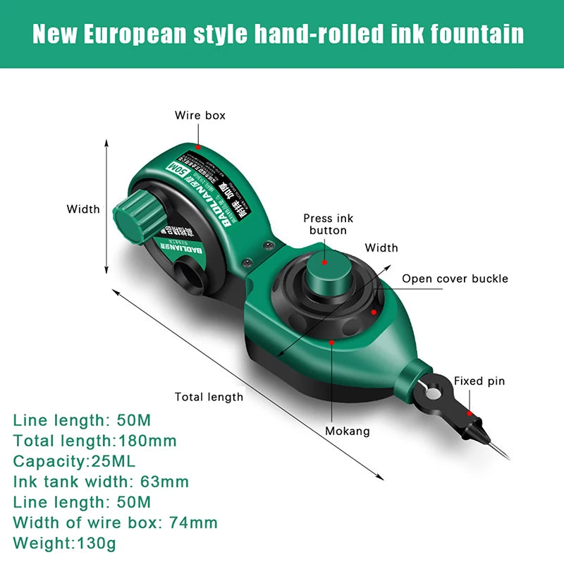 A green hand-rolled ink fountain pen with a wire box and fixed pin, showing various dimensions.