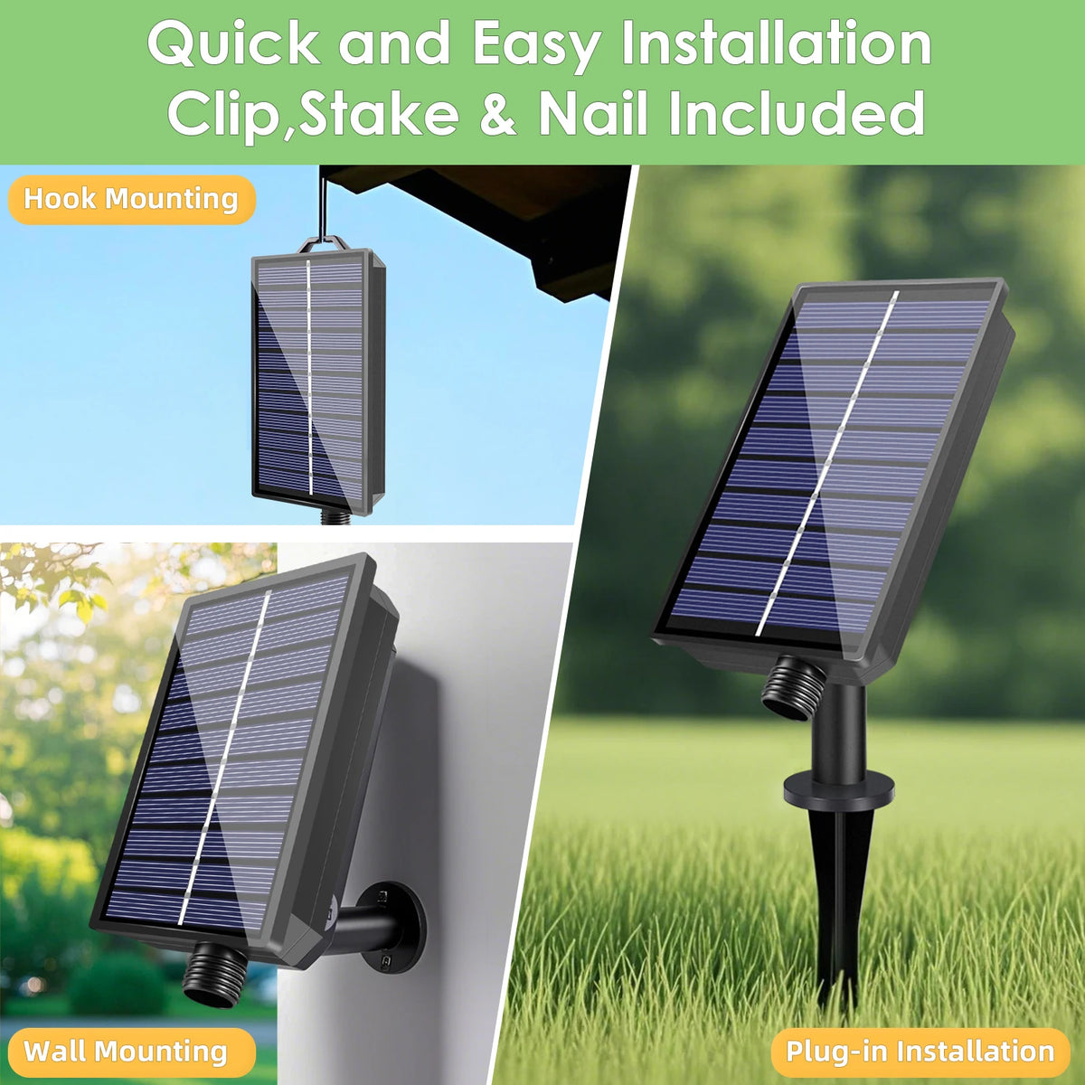 Solar string lights shown in hook, stake, and wall mounting configurations.