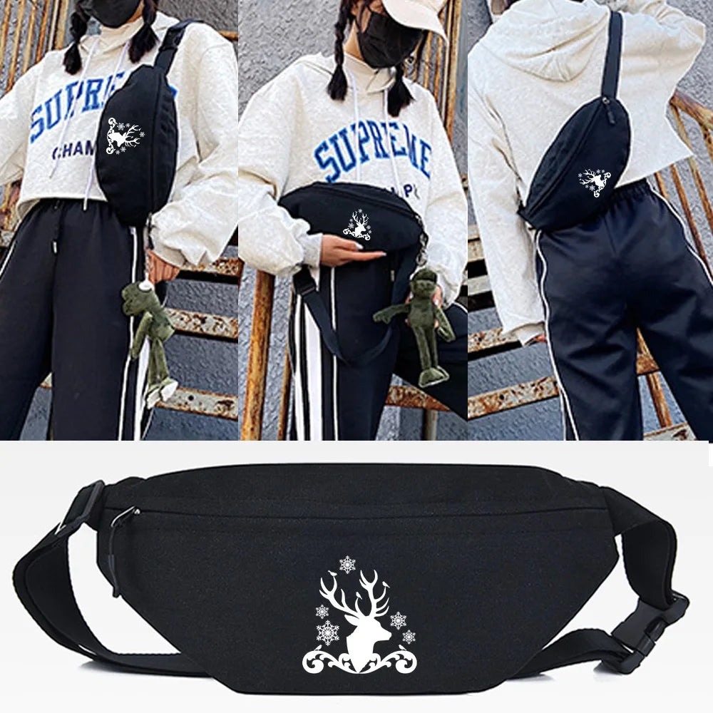 Black linen crossbody waist bag featuring a white deer silhouette design