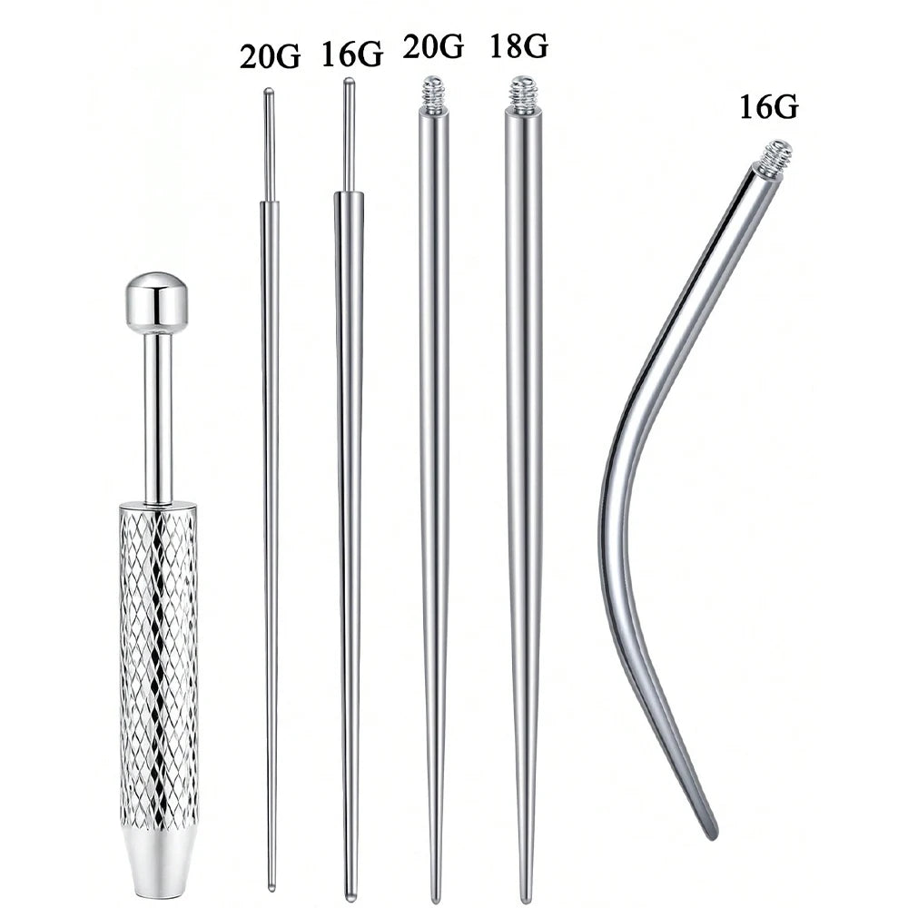 Stainless steel piercing ball grabber kit showing various sizes of tools and a curved tool