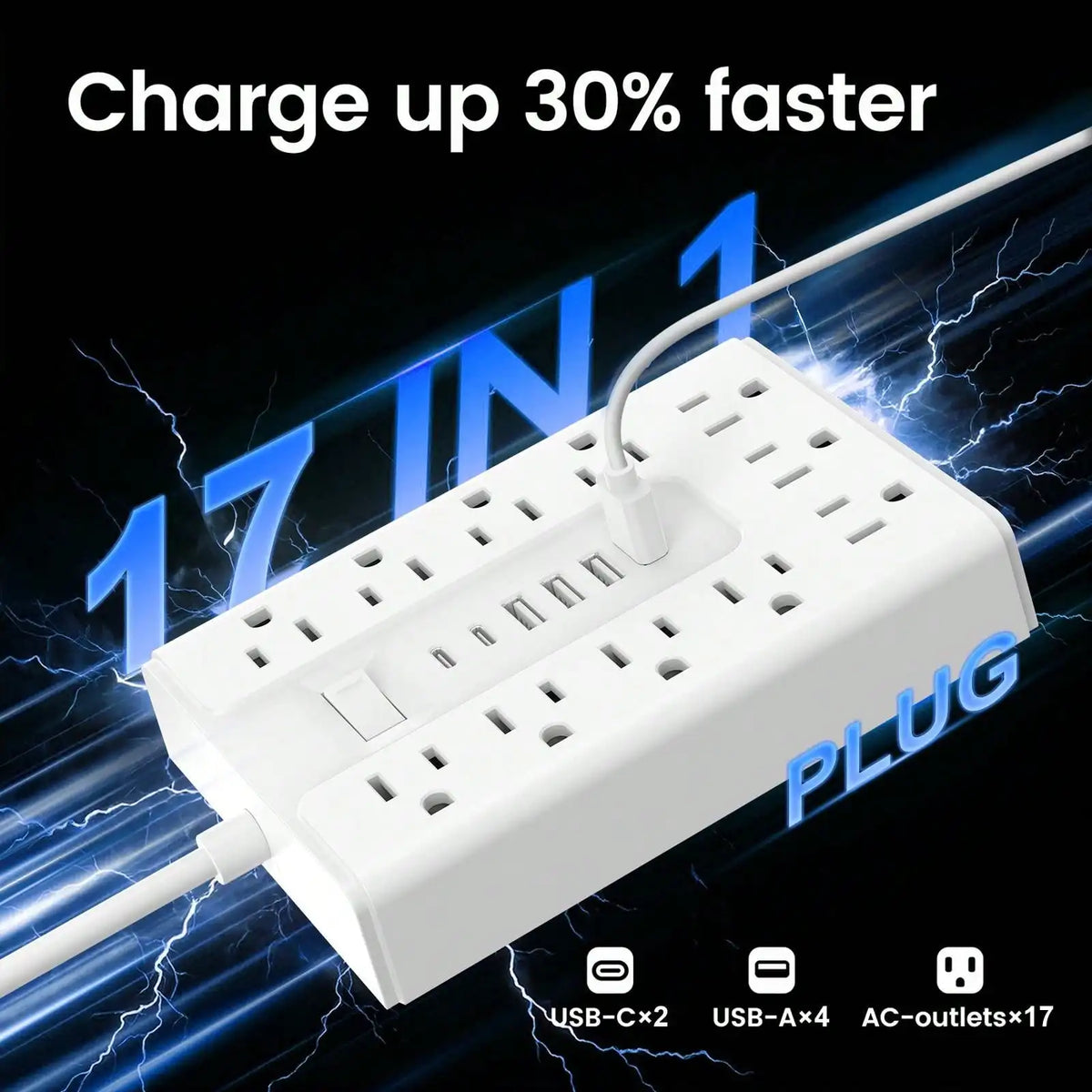 White multi-port power strip with 17 outlets and USB ports shown under lightning effects.
