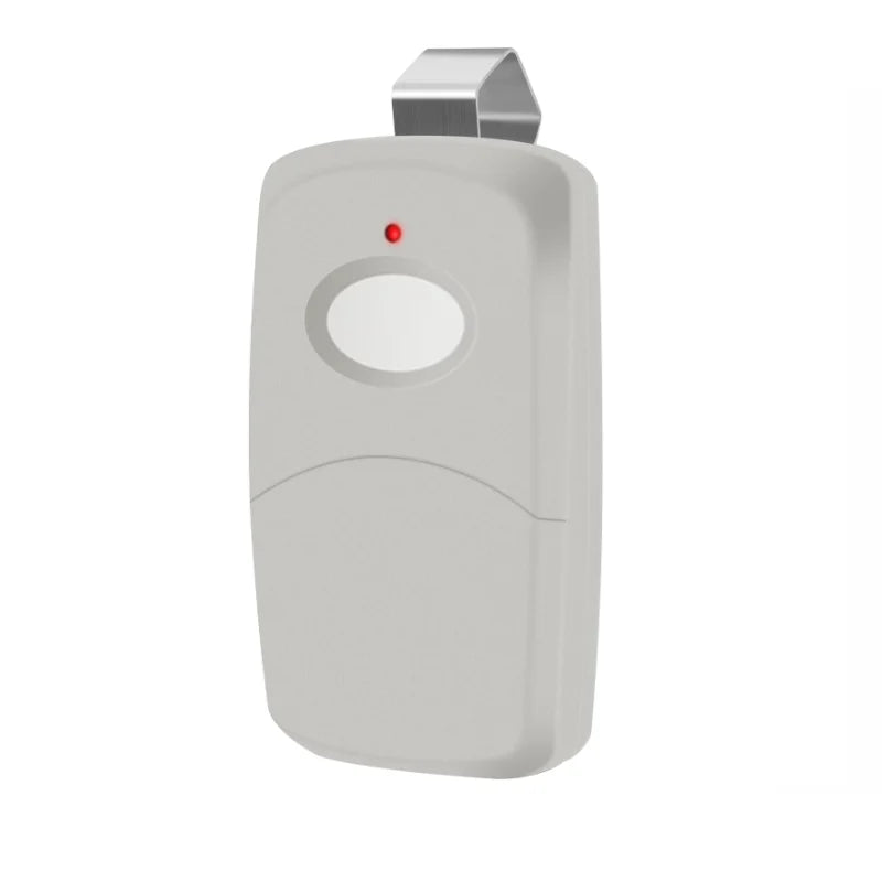 A white garage door remote transmitter with a silver cap and a red indicator light.