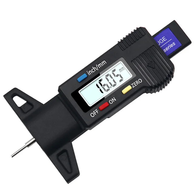 Medidor de profundidad de banda de rodadura digital negra con pantalla LCD que muestra 16.05 mm.