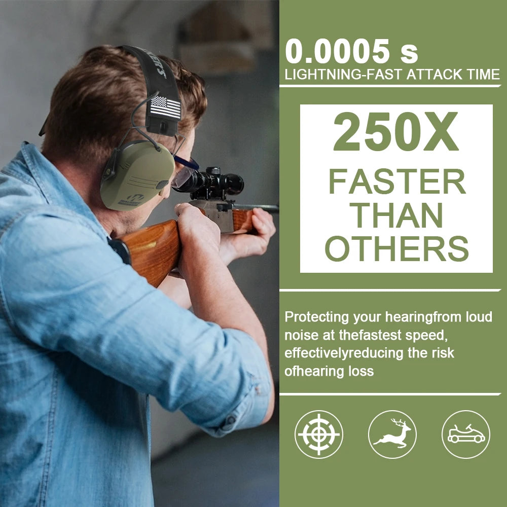 A person wearing professional noise reduction ear muffs is aiming a rifle, demonstrating lightning-fast hearing protection.