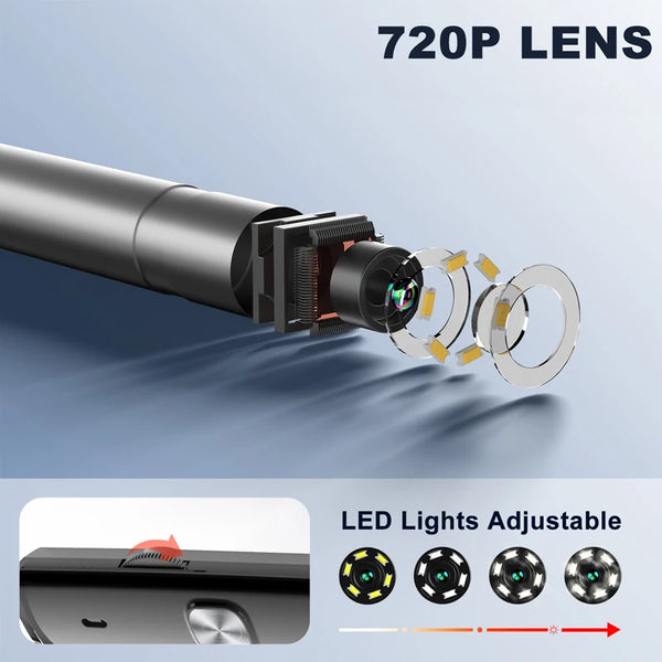 Close-up view of a 720P lens on an industrial endoscope camera, showing adjustable LED lights.