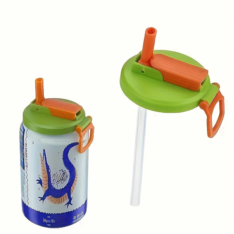 A reusable drink can lid with an orange straw and a green cap, shown next to the main container.