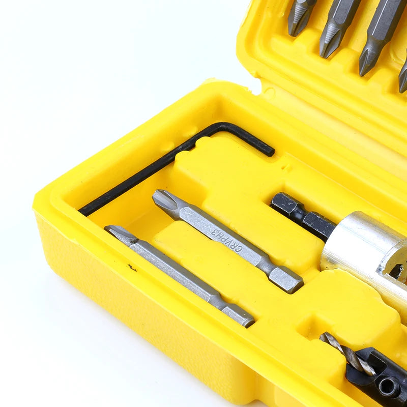 Yellow case containing a set of multi-function countersunk drill bit screwdrivers.