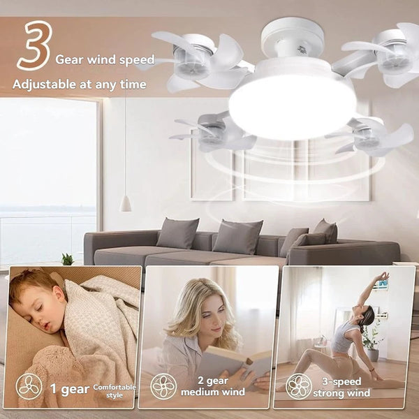 Modern ceiling fan with adjustable blades and light, shown in a living room setting.