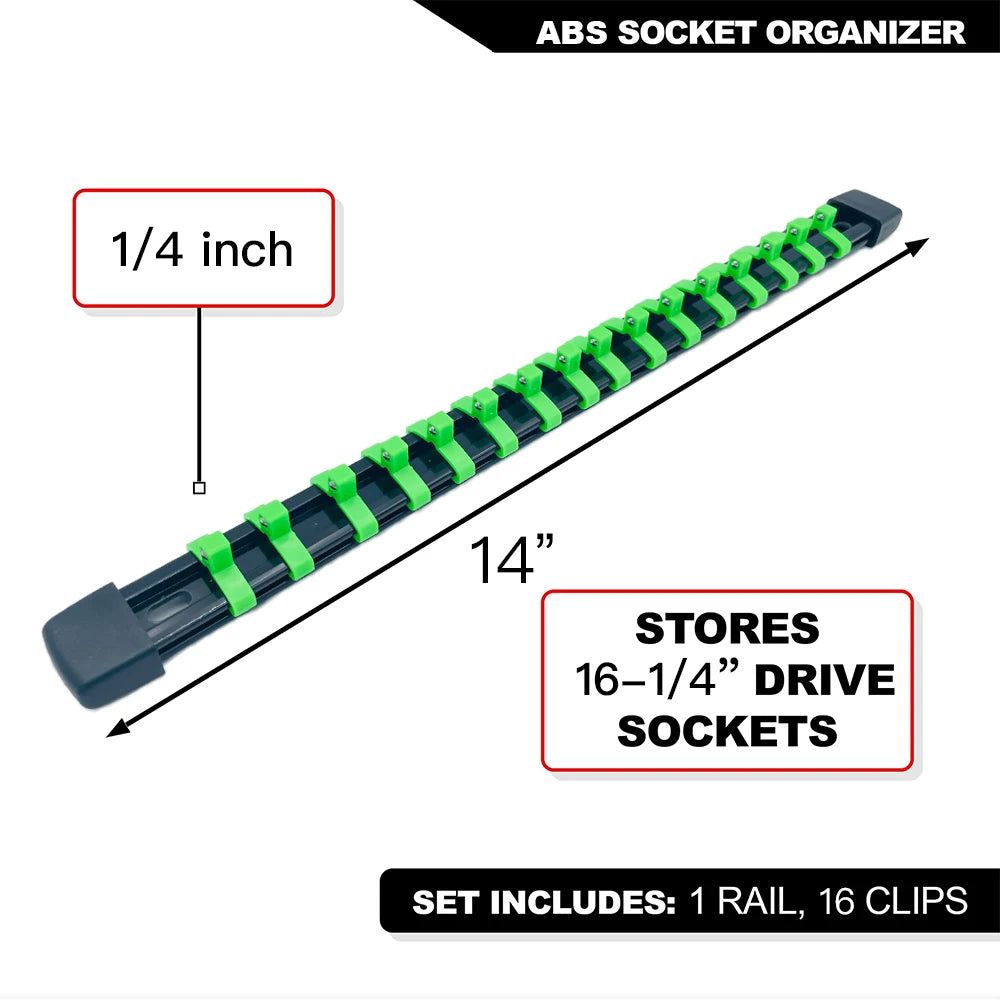 ABS socket organizer featuring a 1/4 inch rail and 16 clips for storing drive sockets.